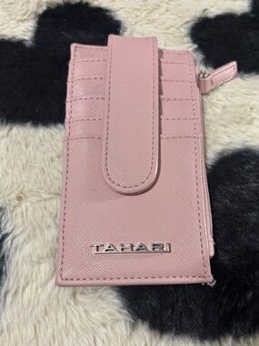 Tahari faux leather saffiano-textured slim cardholder wallet, blush pink, EUC